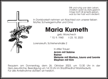 Traueranzeige von Maria Kumeth von Frankenpost