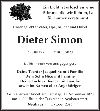 Traueranzeige von Dieter Simon von Südthüringer Presse