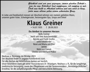 Traueranzeige von Klaus Greiner von Neue Presse Coburg