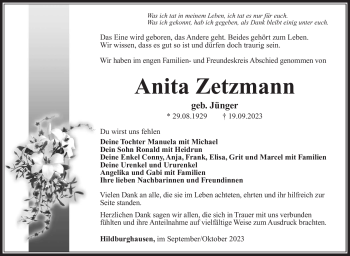 Traueranzeige von Anita Zetzmann von Südthüringer Presse