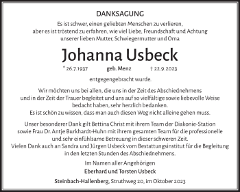 Traueranzeige von Johanna Usbeck von Südthüringer Presse