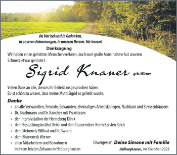 Traueranzeige von Sigrid Knauer von Südthüringer Presse