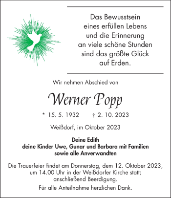 Traueranzeige von Werner Popp von Frankenpost