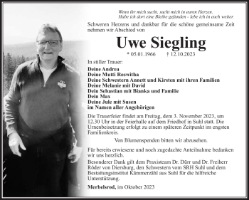 Traueranzeige von Uwe Siegling von Südthüringer Presse