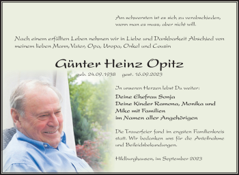 Traueranzeige von Günter Heinz Opitz von Südthüringer Presse