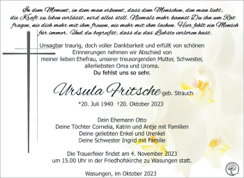 Traueranzeige von Ursula Fritsche von Südthüringer Presse