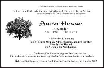 Traueranzeige von Anita Hesse von Südthüringer Presse