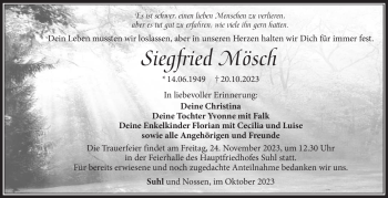 Traueranzeige von Siegfried Mösch von Südthüringer Presse