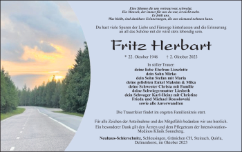 Traueranzeige von Fritz Herbart von Südthüringer Presse