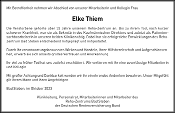 Traueranzeige von Elke Thiem von Frankenpost