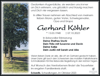 Traueranzeige von Gerhard Köhler von Südthüringer Presse