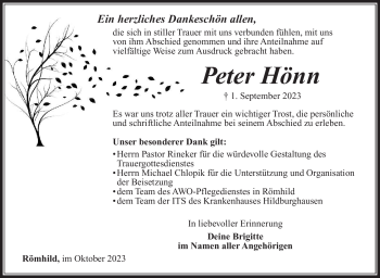 Traueranzeige von Peter Hönn von Südthüringer Presse