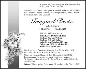 Traueranzeige von Irmgard Beetz von Südthüringer Presse