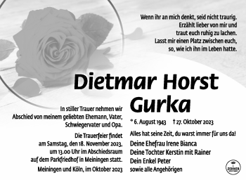 Traueranzeige von Dietmar Gurka von Südthüringer Presse