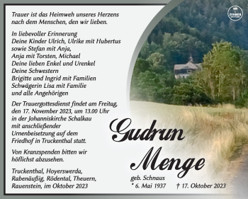 Traueranzeige von Gudrun Menge von Südthüringer Presse