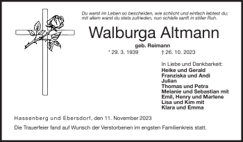 Traueranzeige von Walburga Altmann von Neue Presse Coburg