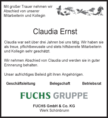 Traueranzeige von Claudia Ernst von Südthüringer Presse