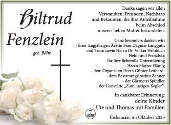 Traueranzeige von Hiltrud Fenzlein von Südthüringer Presse