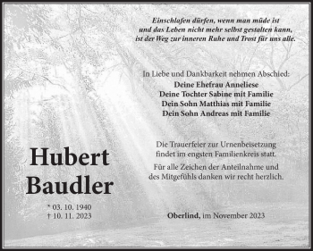 Traueranzeige von Hubert Baudler von Südthüringer Presse