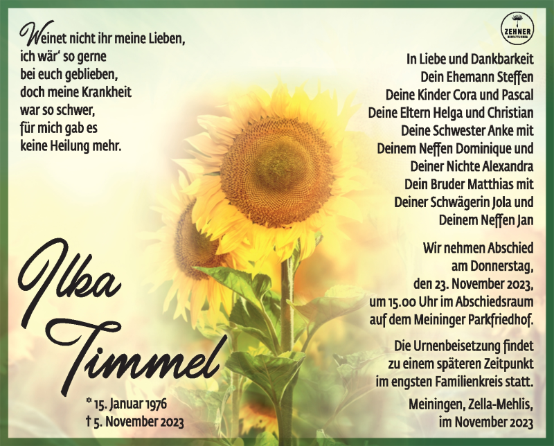  Traueranzeige für Ilka Timmel vom 18.11.2023 aus Südthüringer Presse