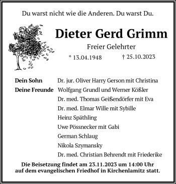 Traueranzeige von Dieter Gerd Grimm von Frankenpost