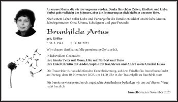 Traueranzeige von Brunhilde Artus von Südthüringer Presse