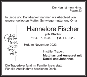 Traueranzeige von Hannelore Fischer von Frankenpost