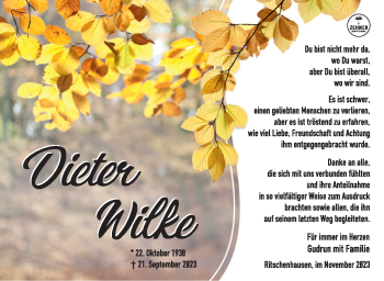 Traueranzeige von Dieter Wilke von Südthüringer Presse