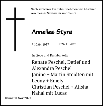 Traueranzeige von Annelies Styra von Frankenpost