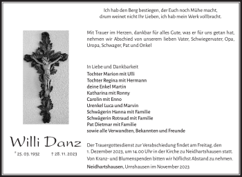 Traueranzeige von Willi Danz von Südthüringer Presse