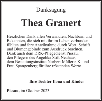 Traueranzeige von Thea Granert von Südthüringer Presse