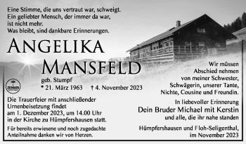 Traueranzeige von Angelika Mansfeld von Südthüringer Presse