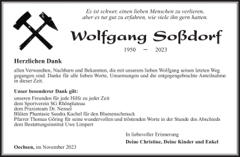 Traueranzeige von Wolfgang Soßdorf von Südthüringer Presse