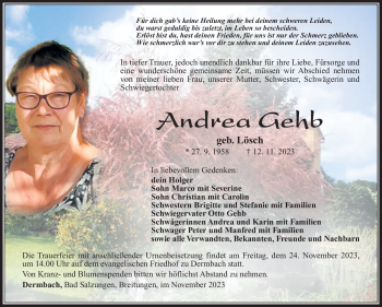 Traueranzeige von Andrea Gehb von Südthüringer Presse