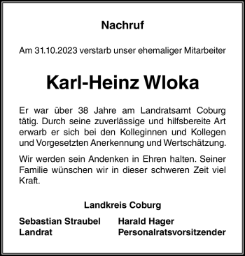 Traueranzeige von Heinz Wloka von Neue Presse Coburg