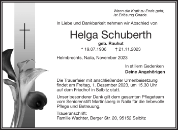 Traueranzeige von Helga Schuberth von Frankenpost