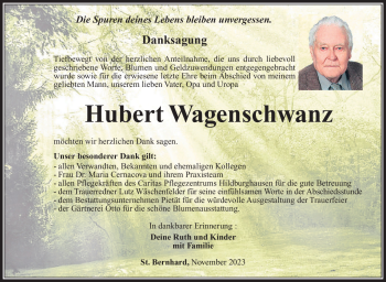 Traueranzeige von Hubert Wagenschwanz von Südthüringer Presse