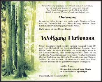Traueranzeige von Wolfgang Huthmann von Südthüringer Presse