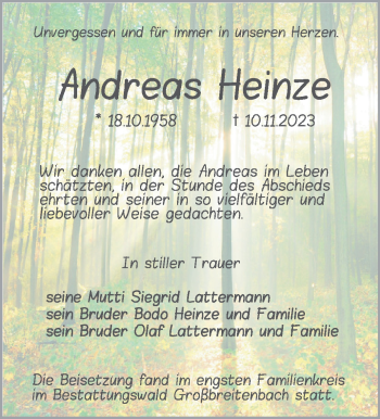 Traueranzeige von Andreas Heinze von Südthüringer Presse
