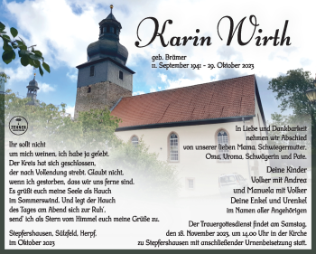 Traueranzeige von Karin Wirth von Südthüringer Presse