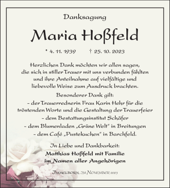 Traueranzeige von Maria Hoßfeld von Südthüringer Presse
