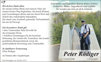 Traueranzeige von Peter Rödiger von Südthüringer Presse