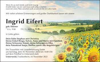 Traueranzeige von Ingrid Eifert von Südthüringer Presse