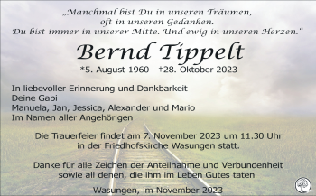 Traueranzeige von Bernd Tippelt von Südthüringer Presse