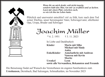 Traueranzeige von Joachim Müller von Südthüringer Presse