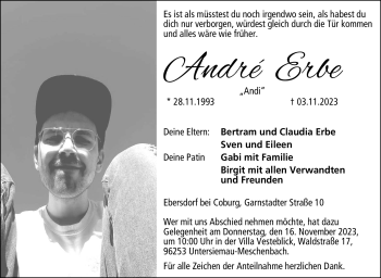 Traueranzeige von André Erbe von Neue Presse Coburg