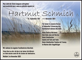 Traueranzeige von Hartmut Schmich von Südthüringer Presse