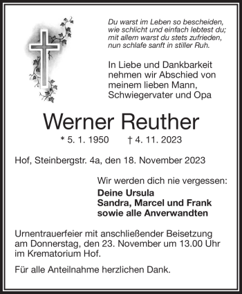 Traueranzeige von Werner Reuther von Frankenpost