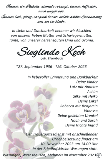 Traueranzeige von Sieglinde Koch von Südthüringer Presse