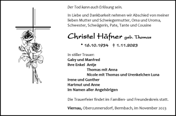 Traueranzeige von Christel Häfner von Südthüringer Presse
